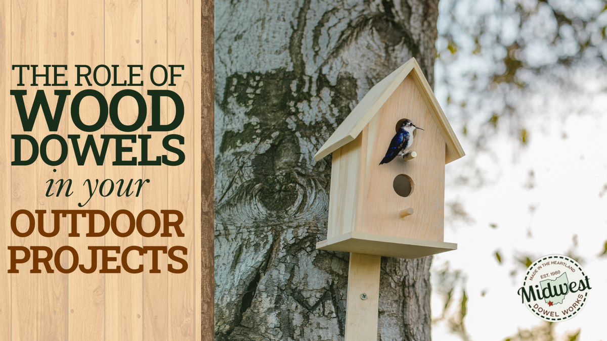A wooden bird house on a tree with the text "The Role of Wood Dowels in your Outdoor Projects"